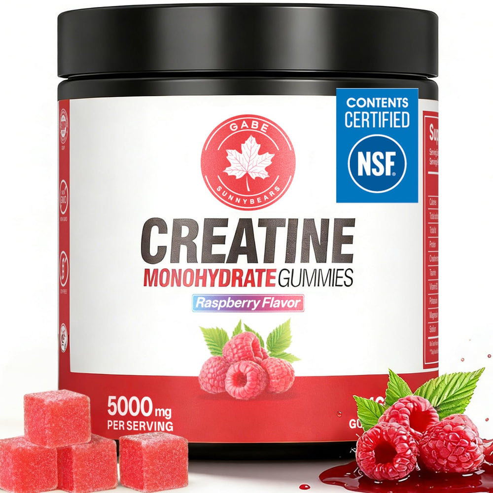 GABE SUNNYBEARS Creatine Gummies raspberry bottle offers clean daily energy support.