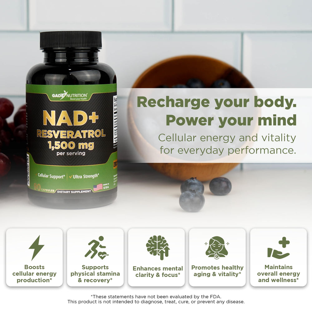 GADE Nutrition NAD+ with Resveratrol bottle label highlighting liposomal delivery.