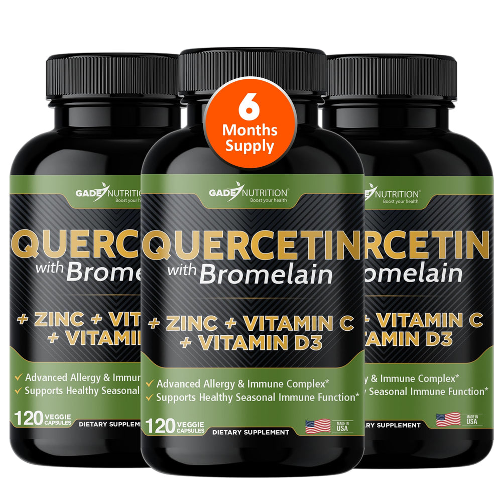 Gade Nutrition quercetin bottle showing a 500 mg formula for daily immune support.