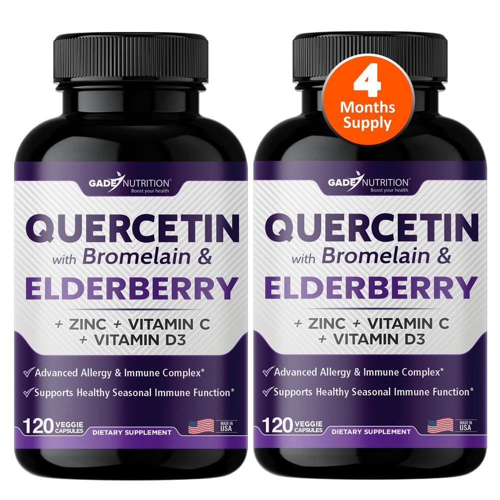 Gade Nutrition Quercetin bottle front showing bromelain and elderberry for daily immune support