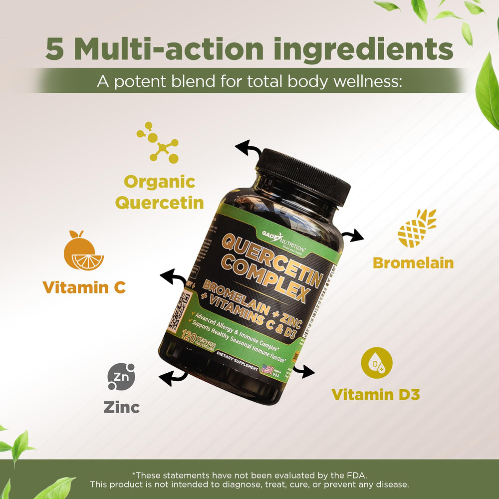 GADE NUTRITION quercetin label highlights zinc and vitamin D3.