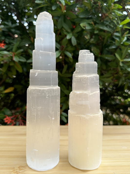 GAF Treasures large 6-inch selenite skyscraper tower ideal for meditation and protection.