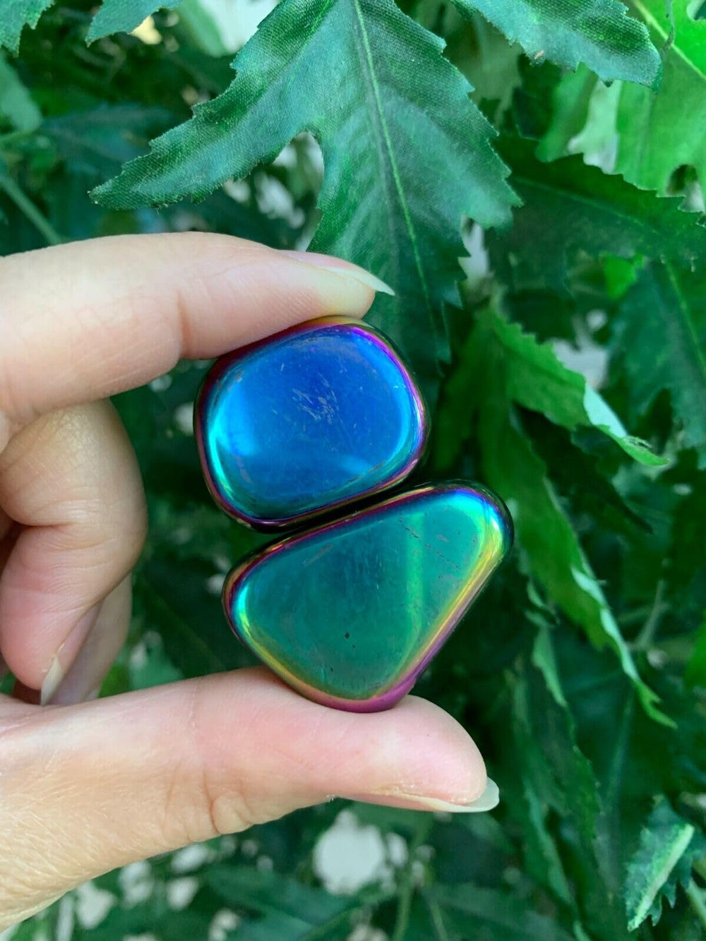 GAF Treasures rainbow-coated hematite tumbled stones brighten displays and support mindful breathing
