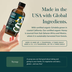 Gaia Herbs Bronchial Wellness Syrup label close-up, gluten-free and Non-GMO verified.