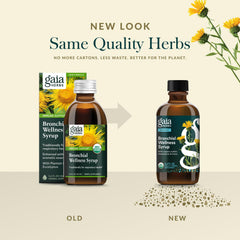 Gaia Herbs Bronchial Wellness Syrup natural ingredients scene showcasing herbs.