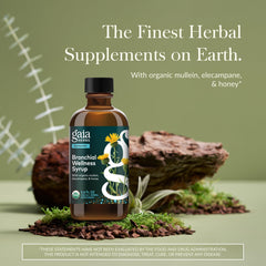 Gaia Herbs Bronchial Wellness Syrup pour showing honey-herb blend for throat comfort.