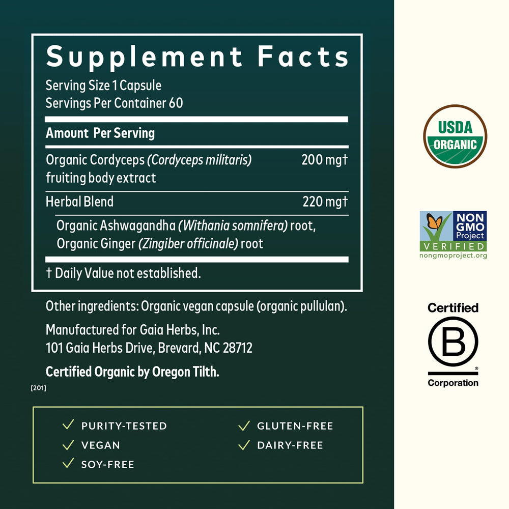 Gaia Herbs Adaptogen Performance label closeup shows cordyceps and ashwagandha ingredients