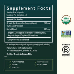Gaia Herbs Adaptogen Performance label closeup shows cordyceps and ashwagandha ingredients