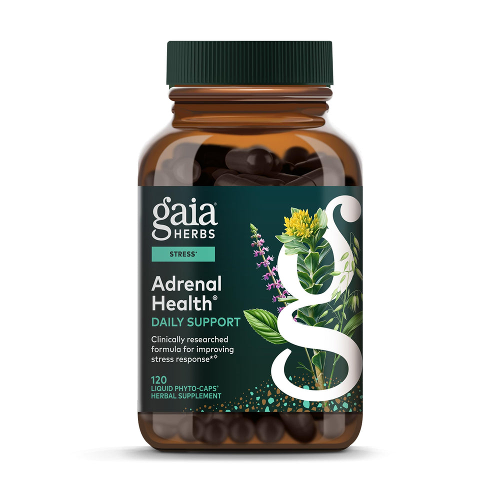Gaia Herbs Adrenal Health bottle pour for easy daily use and energy balance