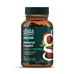Gaia Herbs Adrenal Health Nightly Restore bottle on a shelf for late-evening routine
