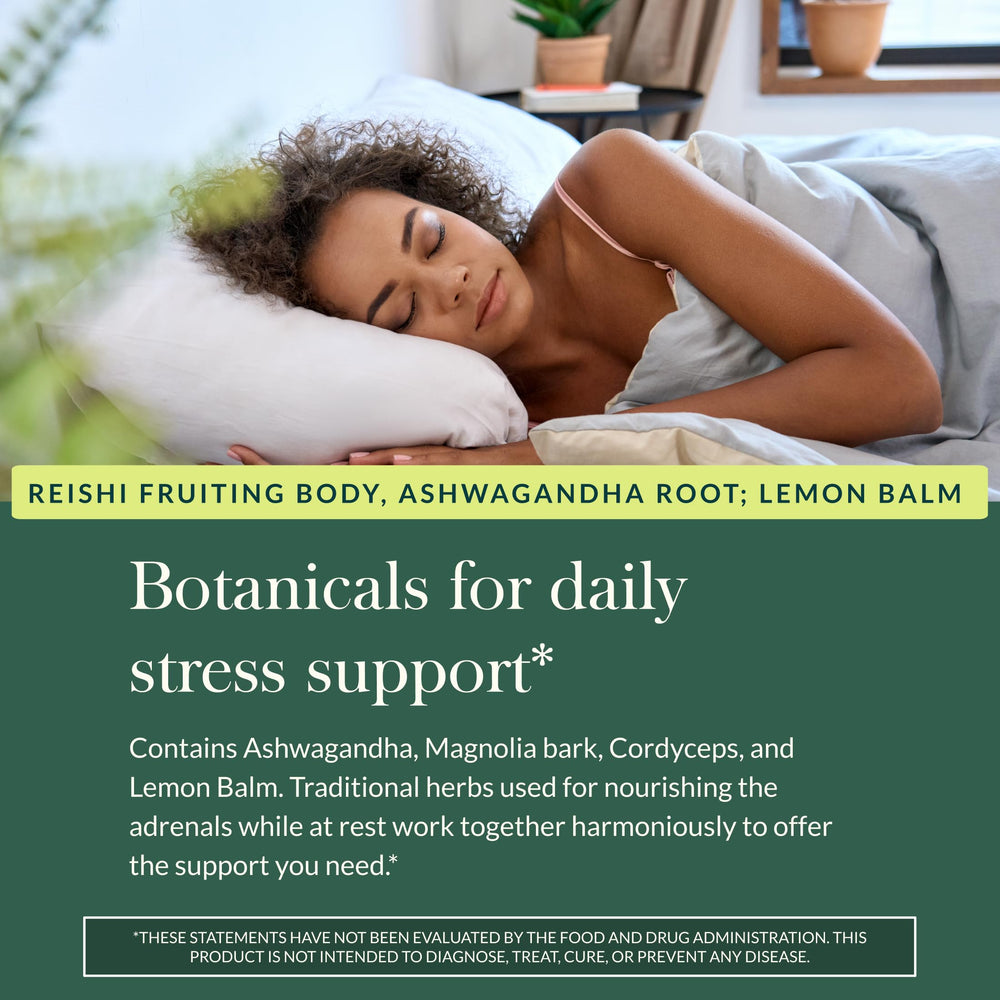 Gaia Herbs Adrenal Health Nightly Restore bottle on shelf signals trusted quality.