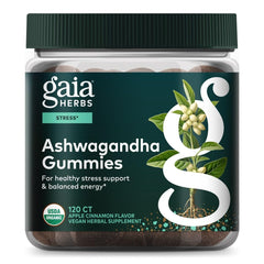 Gaia Herbs Organic Ashwagandha Gummies bottle front for daily stress support.