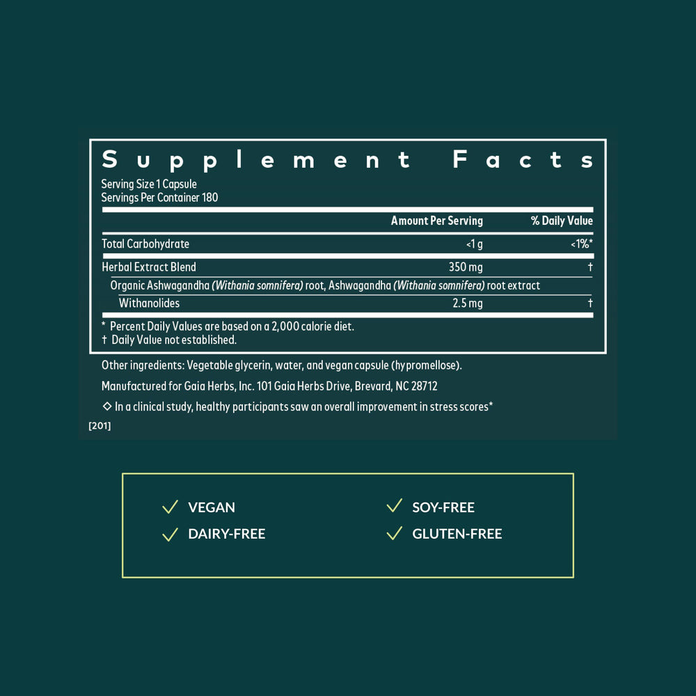 Gaia Herbs Ashwagandha Root capsules open displaying vegan liquid phyto-caps for daily balance
