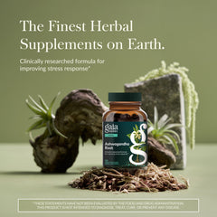 Gaia Herbs Ashwagandha capsules arranged to show vegan phyto-caps.