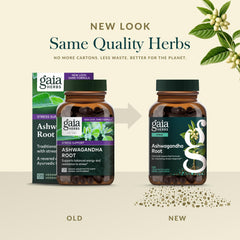 Gaia Herbs Ashwagandha root plant visuals showcasing natural origin.