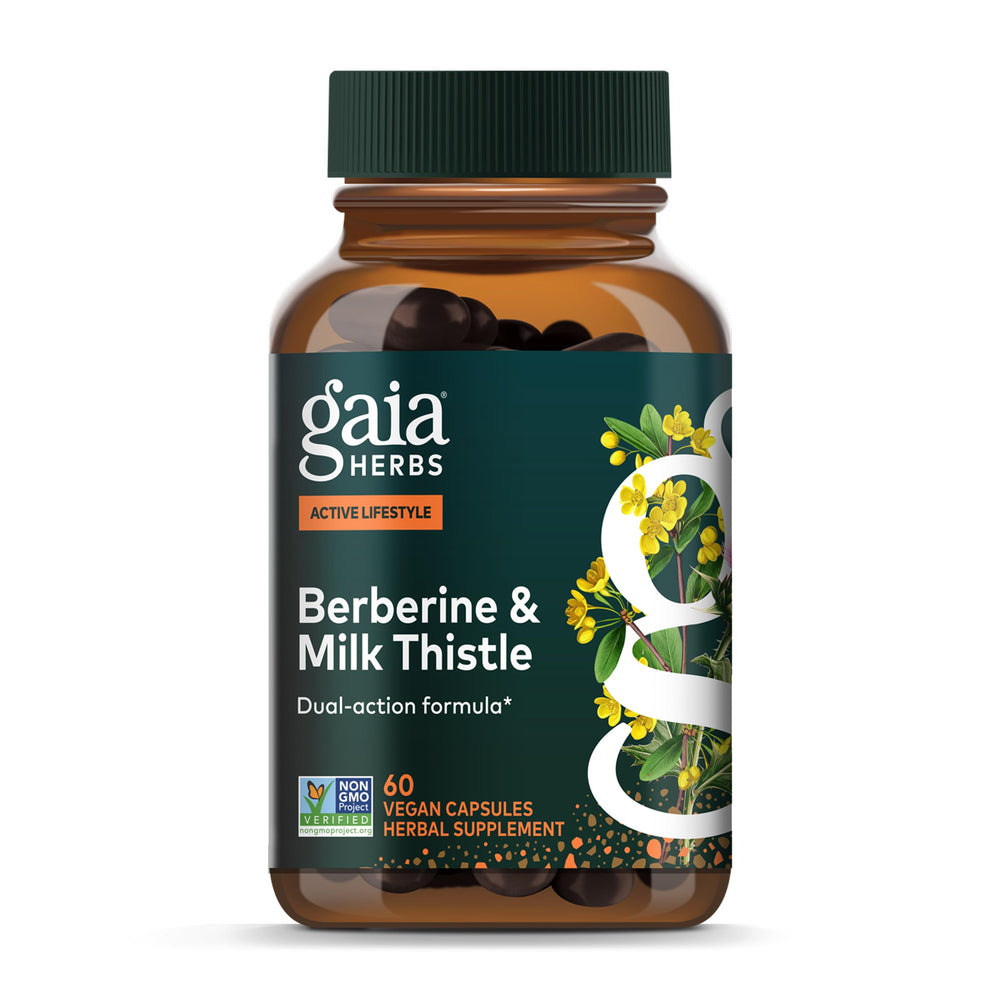 Gaia Herbs Berberine and Milk Thistle bottle for daily liver support and metabolism.