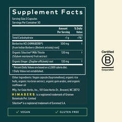 Gaia Herbs Berberine and Milk Thistle capsules on a kitchen counter for daily use.