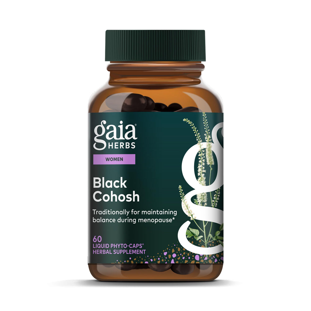 Gaia Herbs Black Cohosh bottle label highlights menopause support ingredients.
