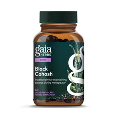 Gaia Herbs Black Cohosh bottle label highlights menopause support ingredients.