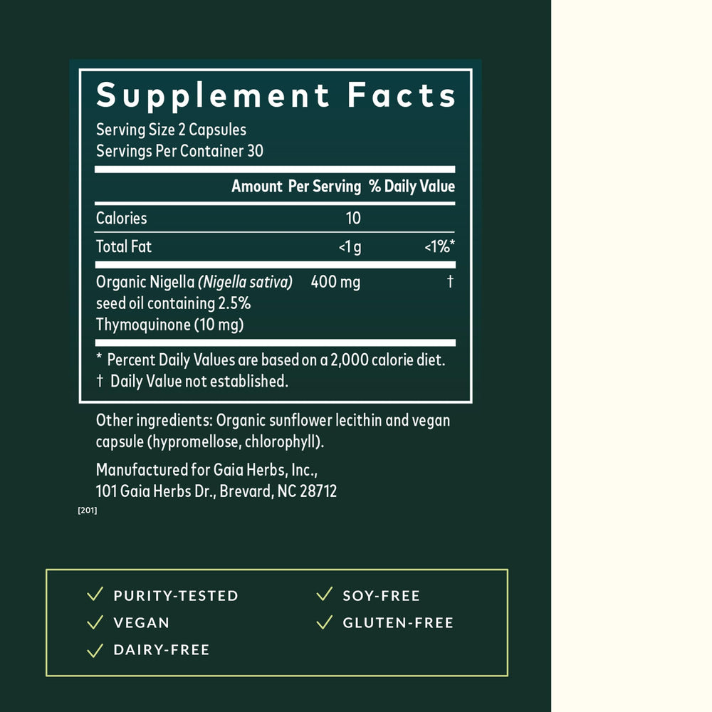 Gaia Herbs Black Seed Oil bottle pouring emphasizes traditional lung and respiratory support