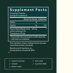 Gaia Herbs Black Seed Oil bottle pouring emphasizes traditional lung and respiratory support
