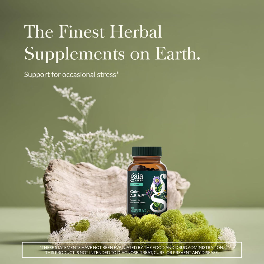 Gaia Herbs Calm A.S.A.P. capsules close-up showing vegan liquid phyto-caps