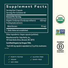 Cordyceps label close-up highlighting gluten-free and soy-free formula