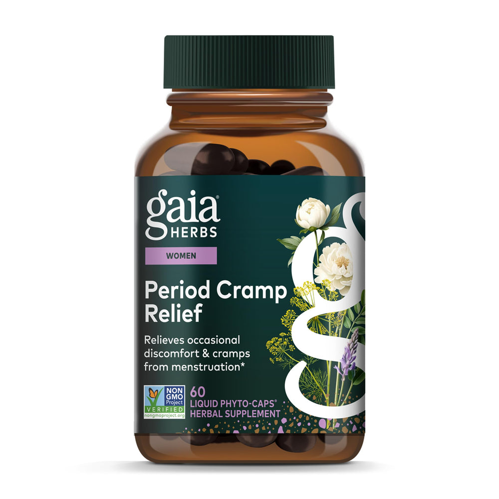 Gaia Herbs Cramp Relief bottle with vegan capsules for natural period comfort