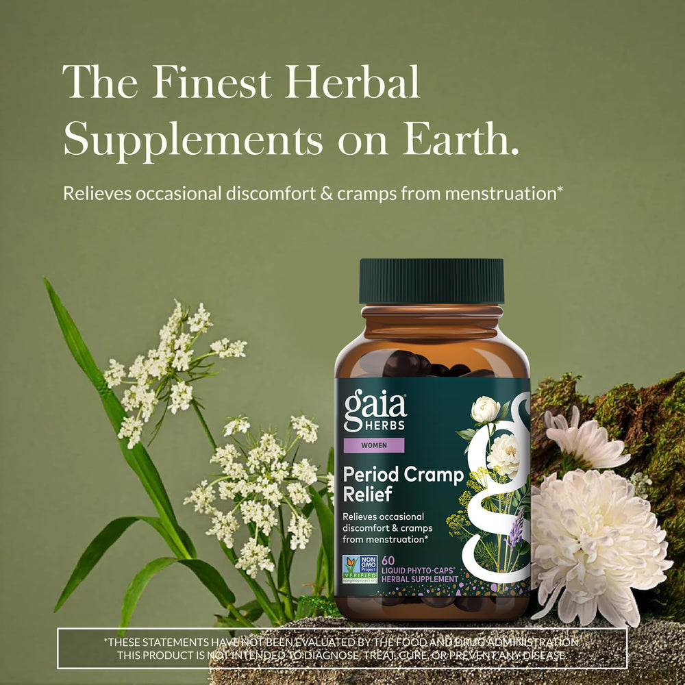 Gaia Herbs Cramp Relief fennel-seed capsule close-up; supports gentle menstrual comfort