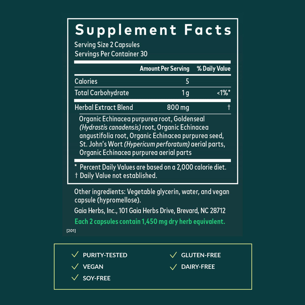 Gaia Herbs Echinacea Goldenseal cap close-up conveys plant-based ingredients for respiratory support possibilities.