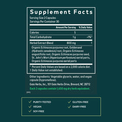 Gaia Herbs Echinacea Goldenseal cap close-up conveys plant-based ingredients for respiratory support possibilities.