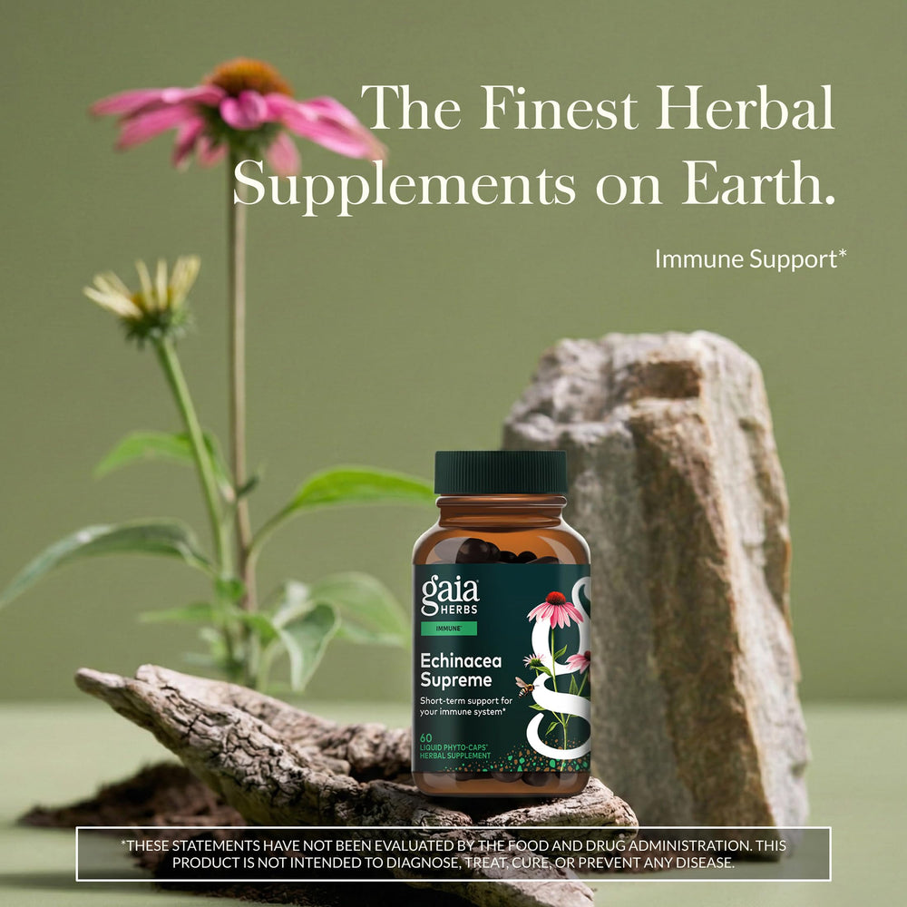 Gaia Herbs Echinacea Supreme bottle back explains dosage for immune support.