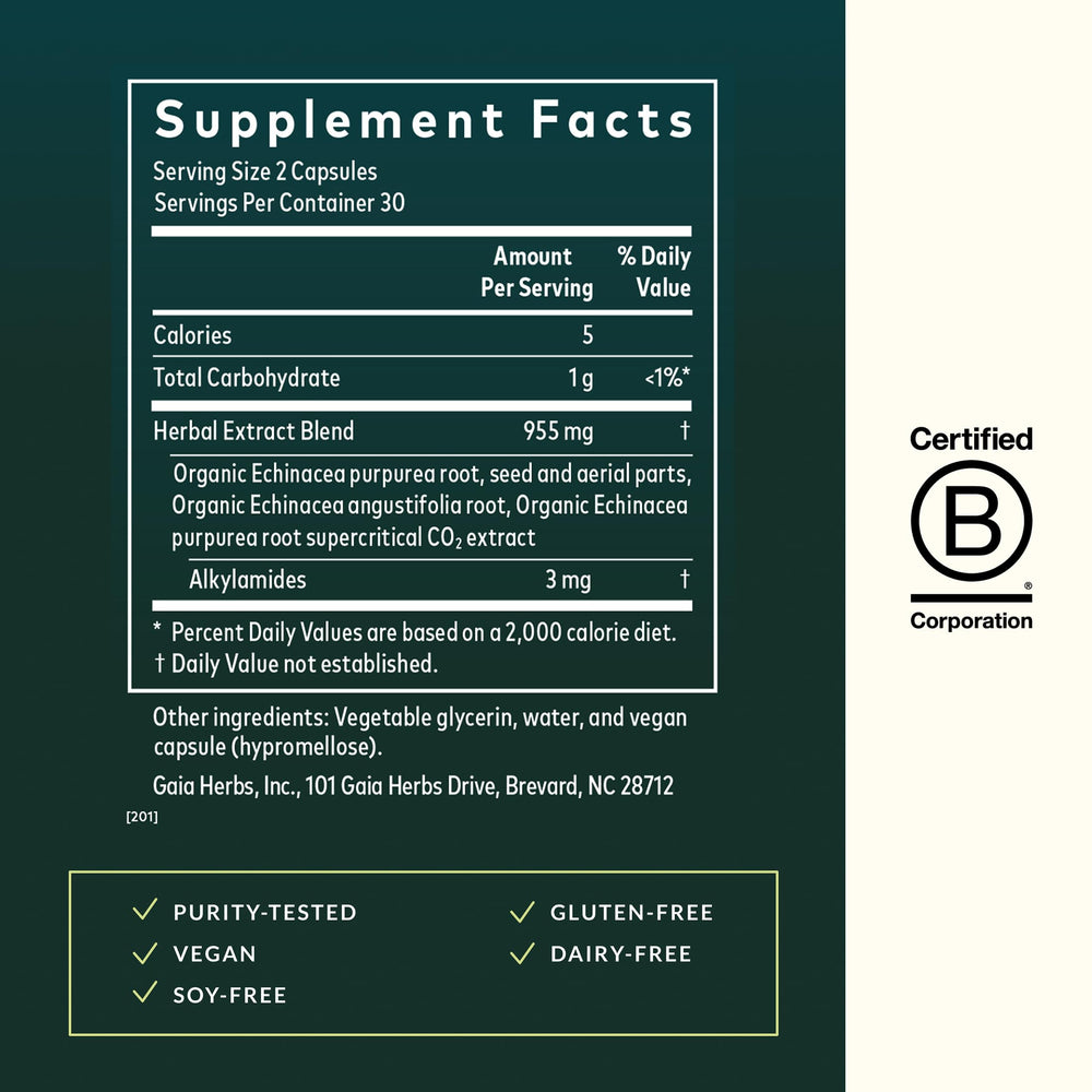 Gaia Herbs Echinacea Supreme capsules closeup highlights vegan liquid phyto-caps for immune support.