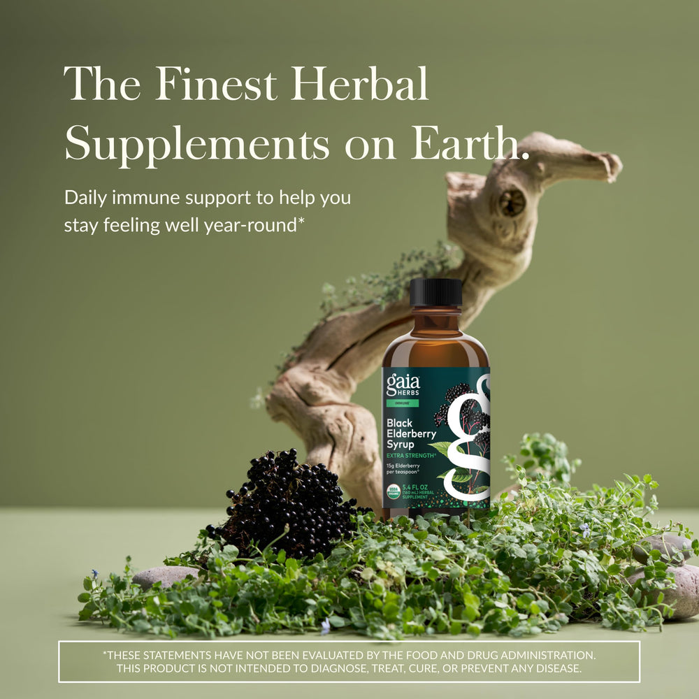 Ingredients panel on Gaia Herbs elderberry syrup showing five plant-based ingredients.
