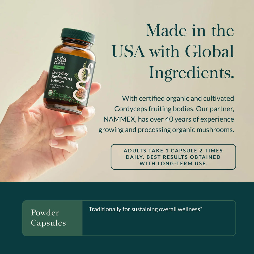 Gaia Herbs Everyday Immune mushrooms close-up, showcasing cordyceps and reishi for immune support.