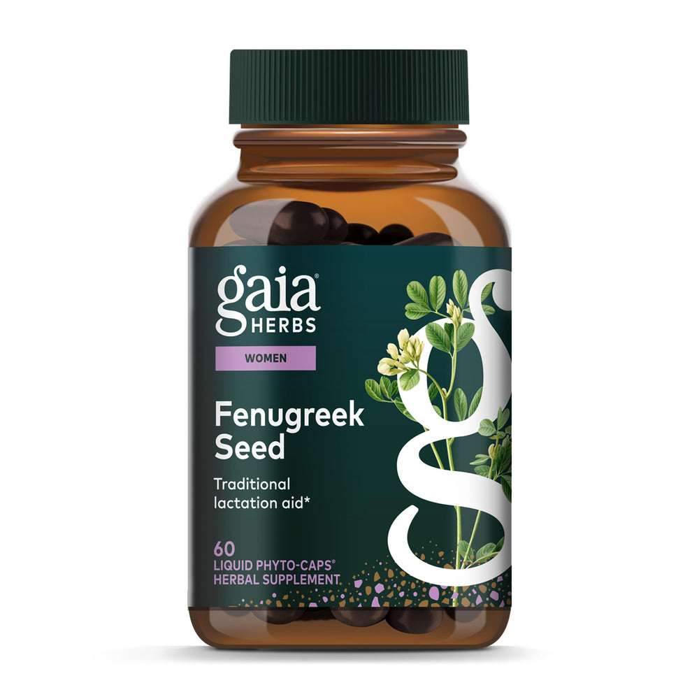 Gaia Herbs Fenugreek Seed bottle on shelf for lactation support.