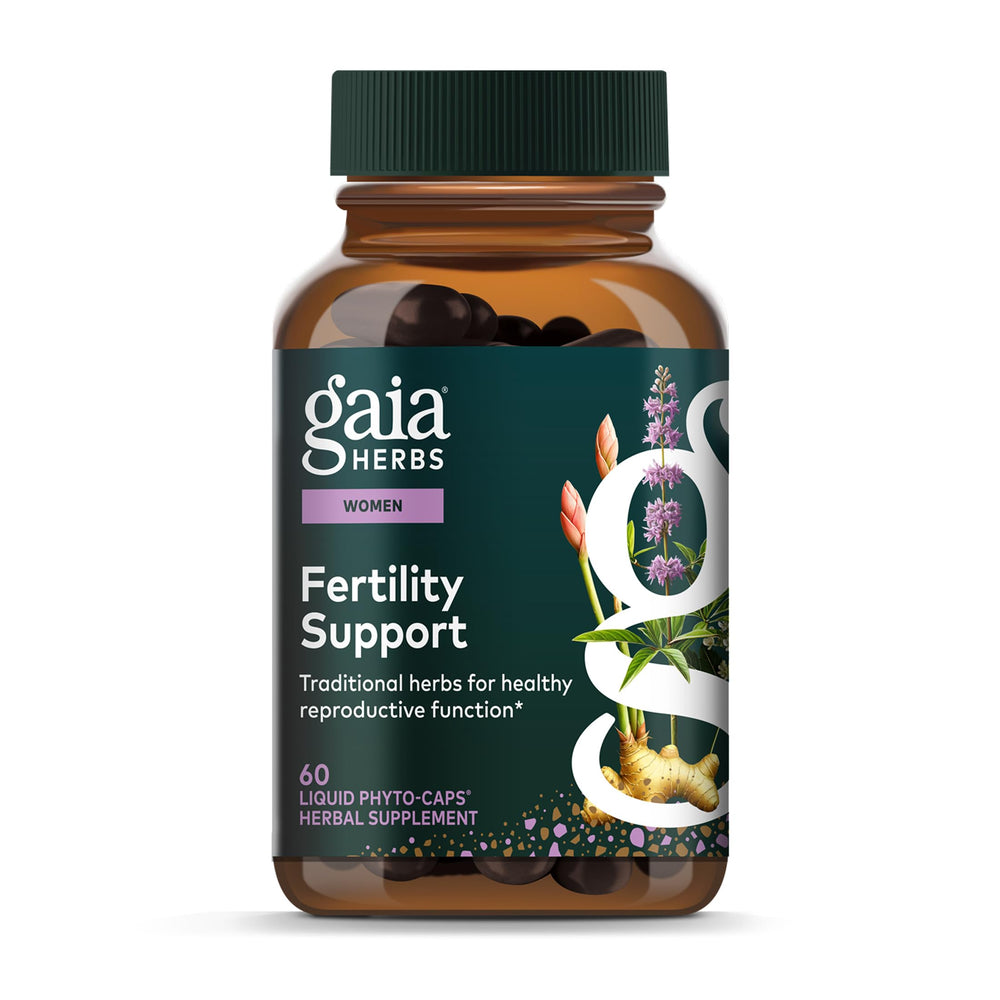 Gaia Herbs Fertility Support bottle showing herbal formula for hormonal balance