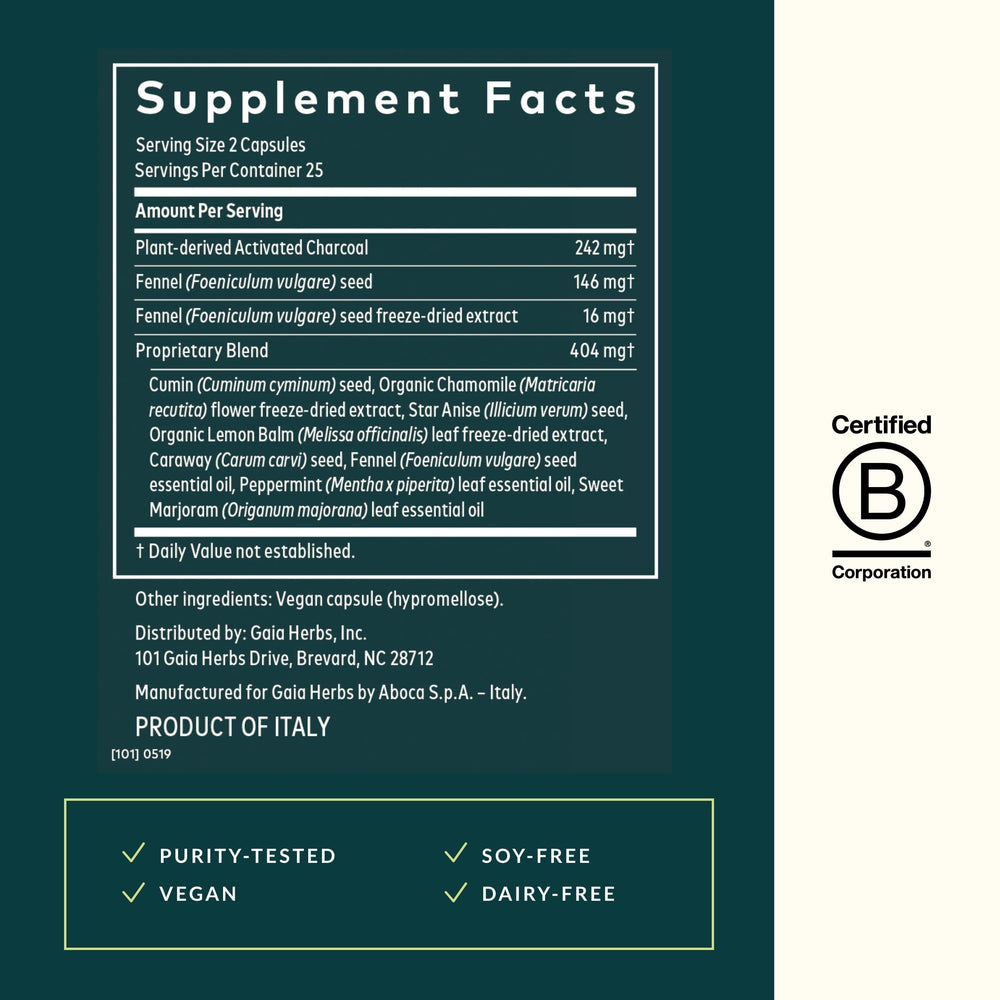 Gaia Herbs Gas & Bloating capsules closeup highlights activated charcoal in the formula.