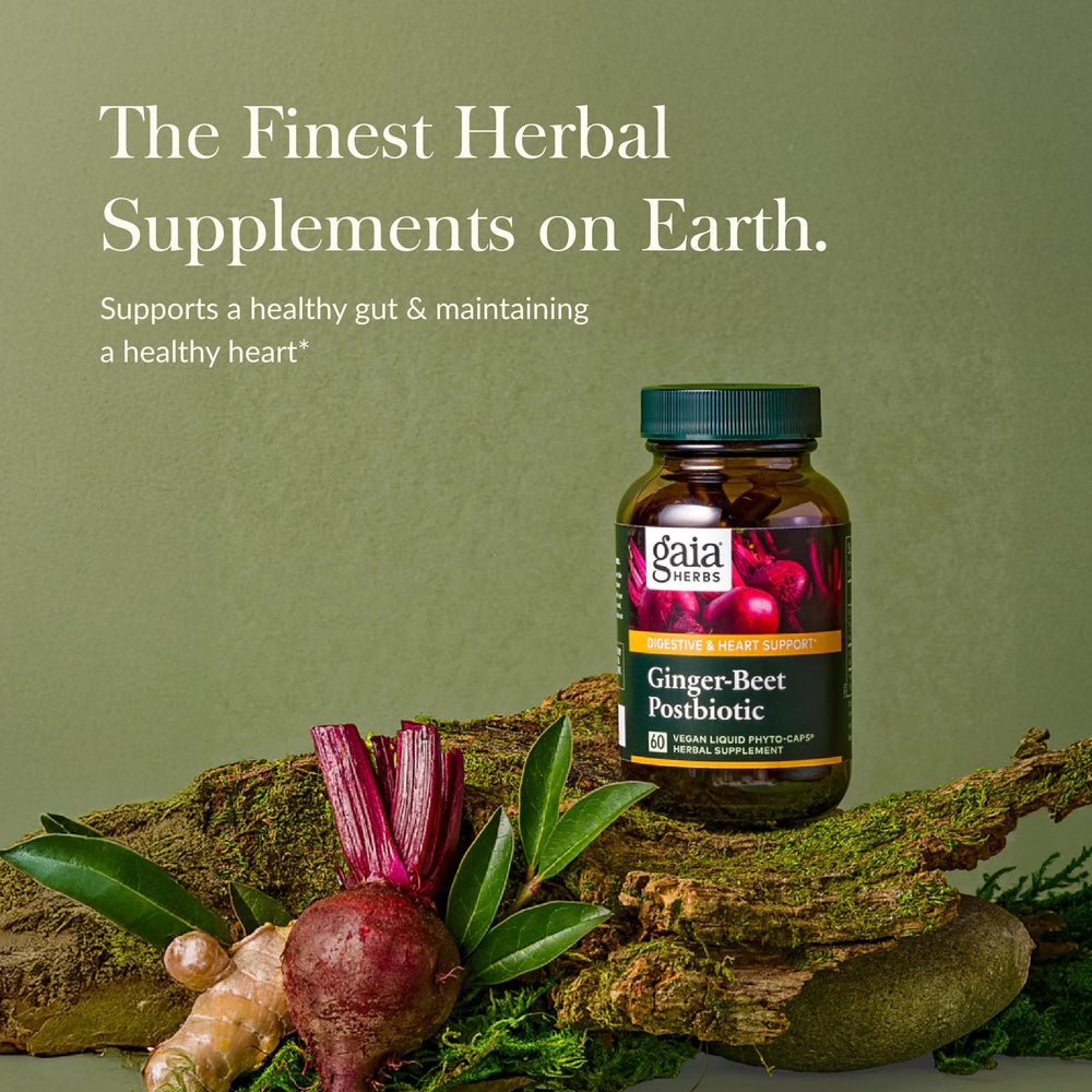 Gaia Herbs Ginger-Beet Postbiotic capsules for daily digestive balance.