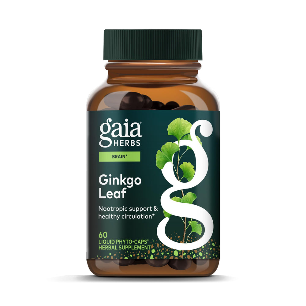 Gaia Herbs Ginkgo Leaf bottle showing a full-spectrum herbal blend for everyday brain support