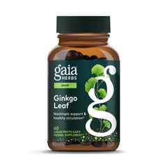 Gaia Herbs Ginkgo Leaf bottle showing a full-spectrum herbal blend for everyday brain support