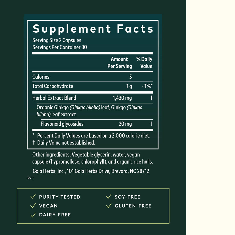 Gaia Herbs Ginkgo Leaf label detail emphasizing purity testing and quality controls