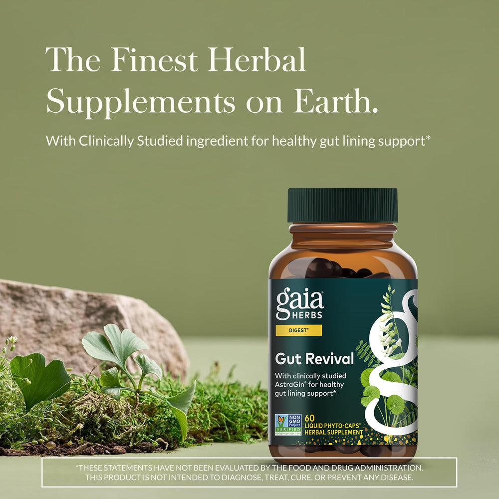 Gaia Herbs Gut Revival capsules ready to take with meals for digestive comfort