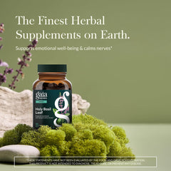 Gaia Herbs Holy Basil Leaf capsules closeup, convenient daily use for stress-support routines.