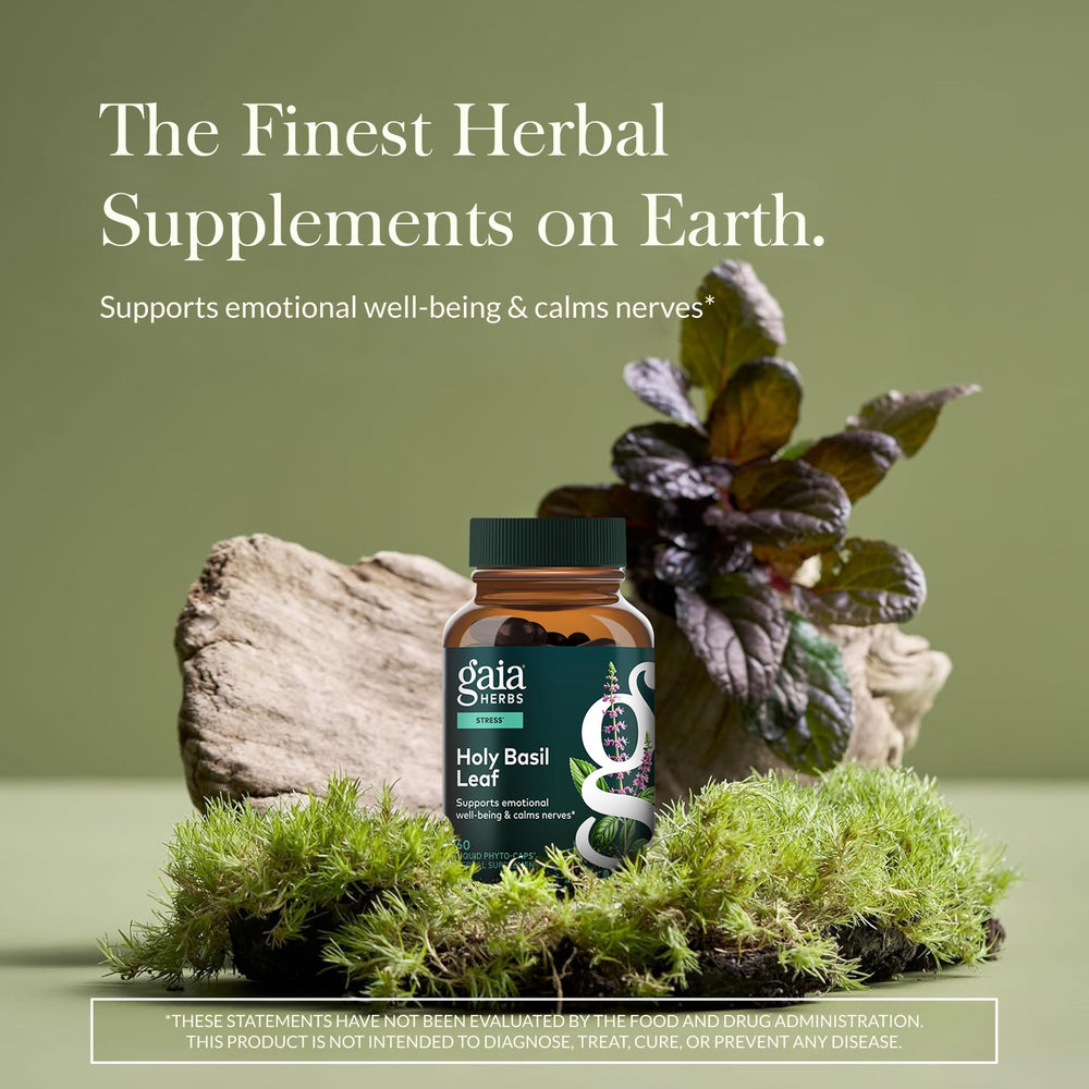 Gaia Herbs Holy Basil Leaf label close-up highlighting the vegan capsules.