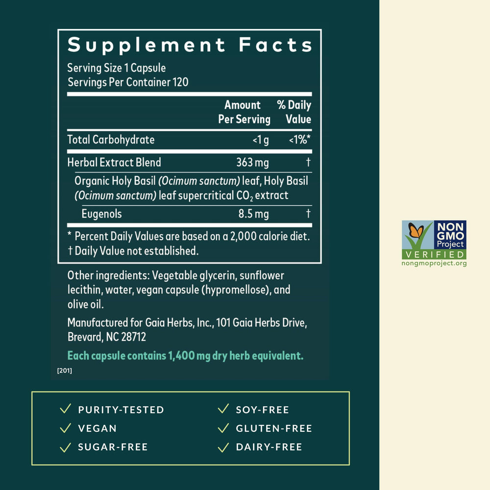 Gaia Herbs Holy Basil Leaf label closeup, showcasing fair trade and regenerative farming origins.