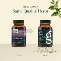 Gaia Herbs Holy Basil Leaf packaging, highlighting quality and soil-to-supplement approach.