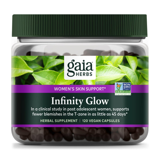 Gaia Herbs Infinity Glow bottle and capsules may support a healthier-looking complexion.