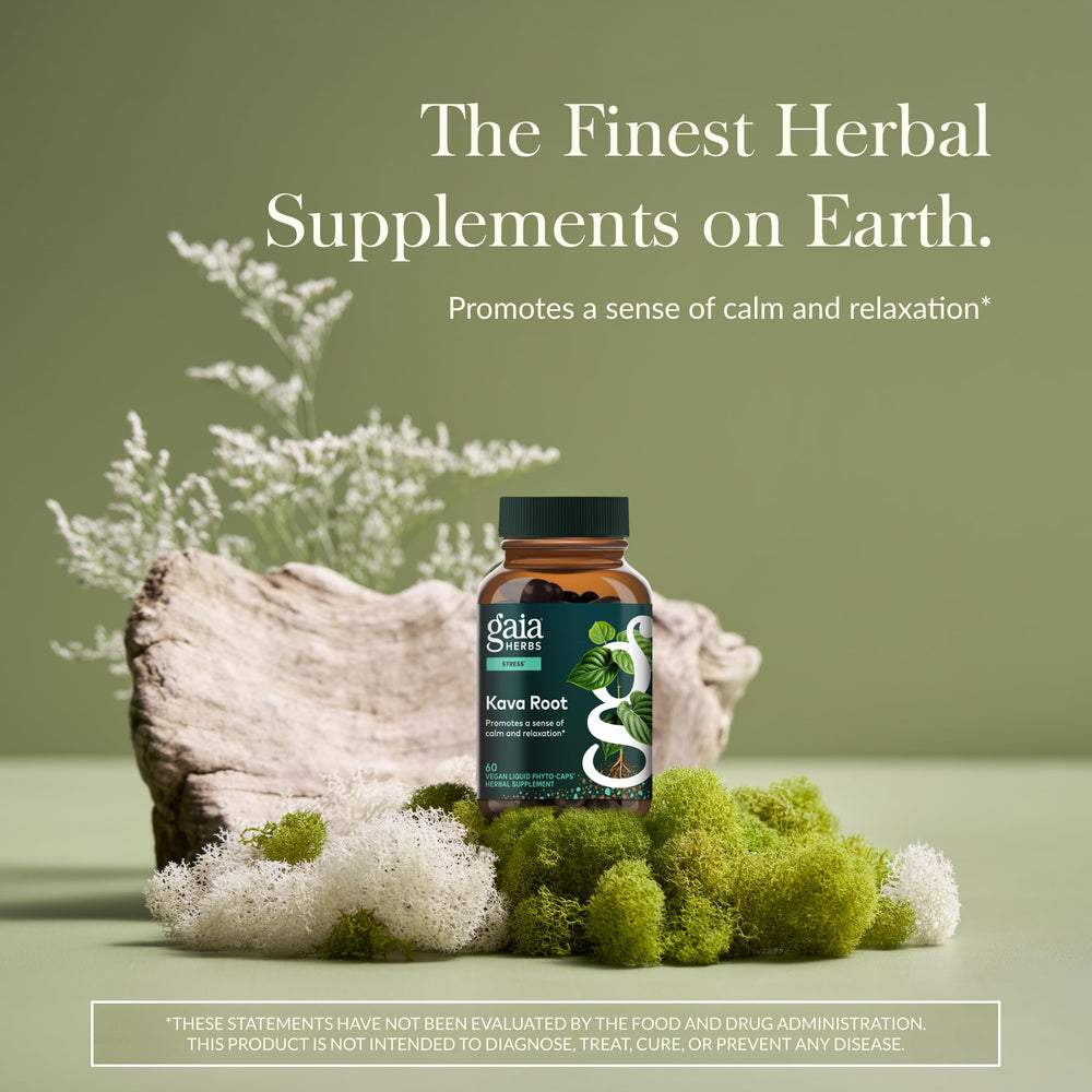 Gaia Herbs Kava Root phyto-caps pack highlighting vegan convenience.