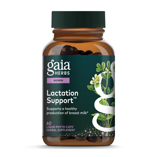 Gaia Herbs Lactation Support bottle with capsules for nursing mothers.